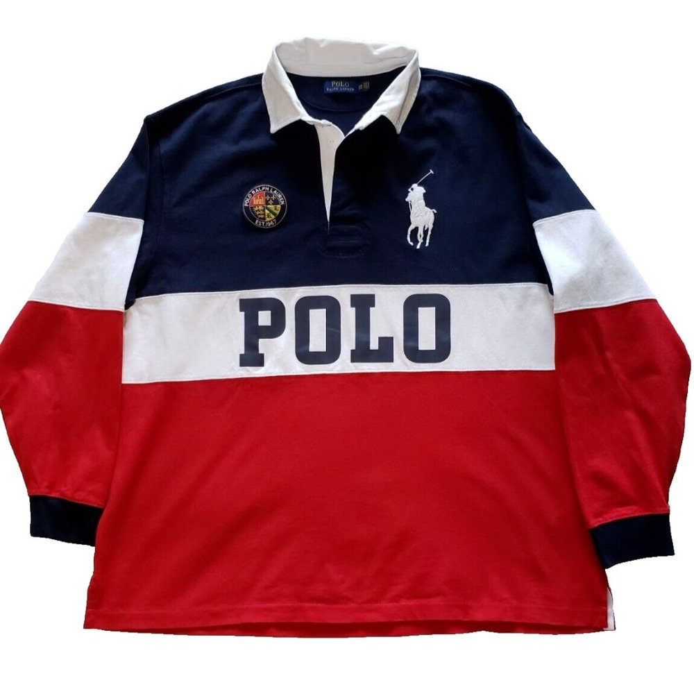 Polo Ralph Lauren Big Pony Colorblock Cookie Patch Rugby Men's XXB Red/Blue